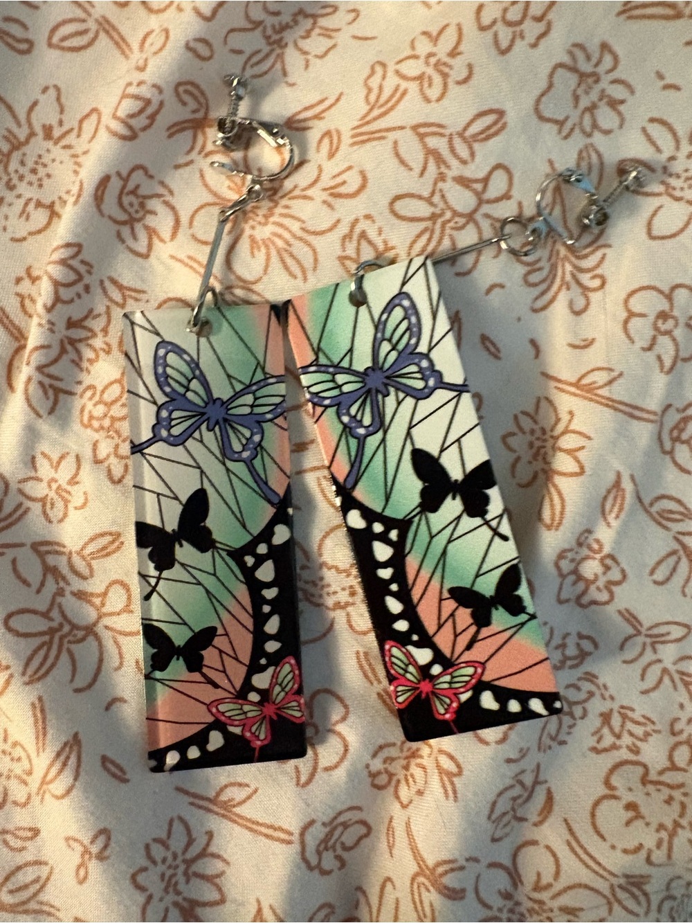 Demon Slayer Butterfly Print Rectangular Dangle Clip On Earrings